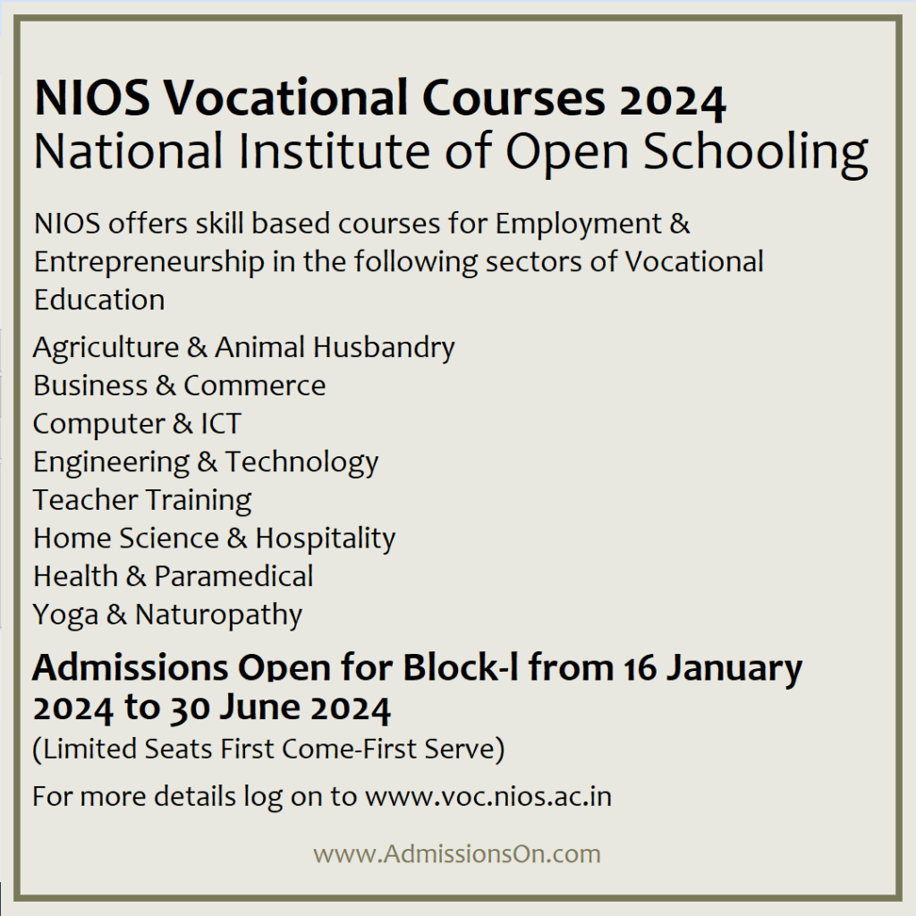 NIOS Vocational Courses 2024, ADMISSIONS OPEN