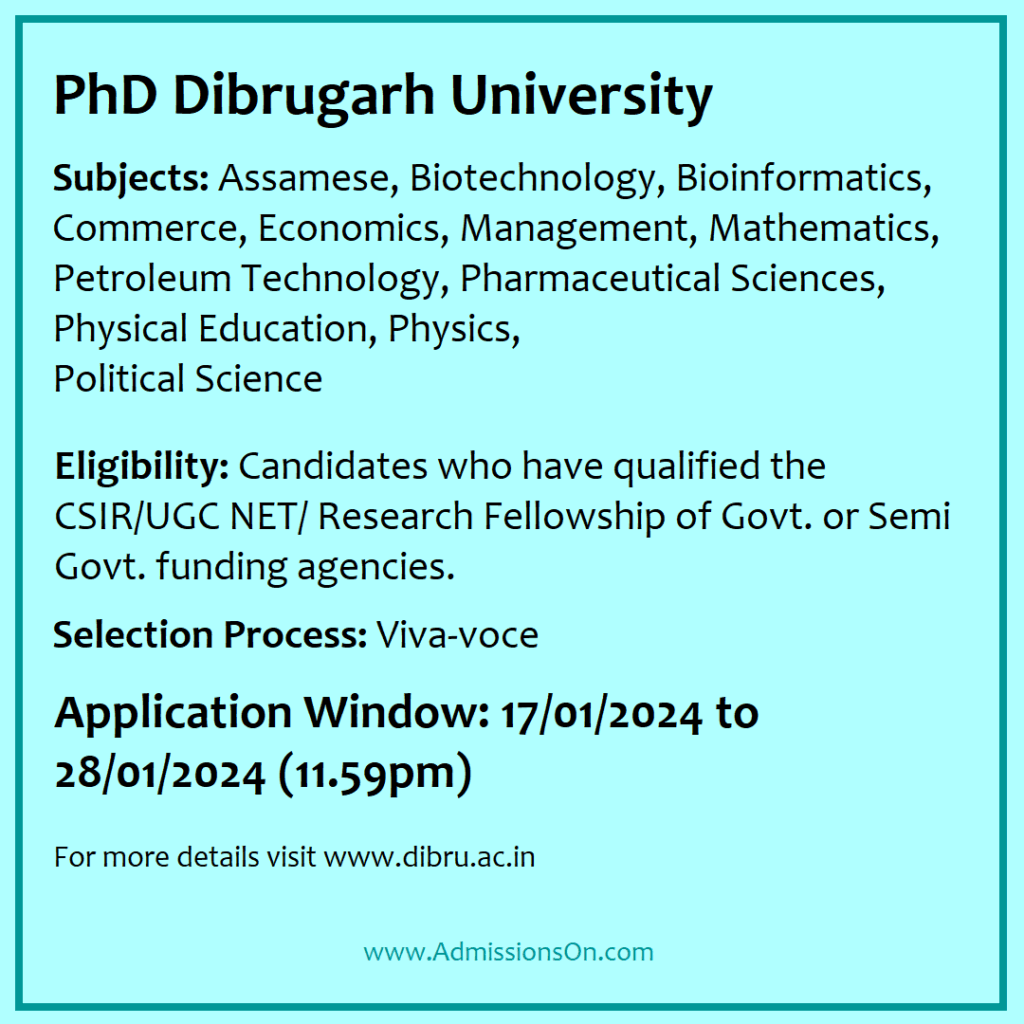 PhD Dibrugarh University - applications invited