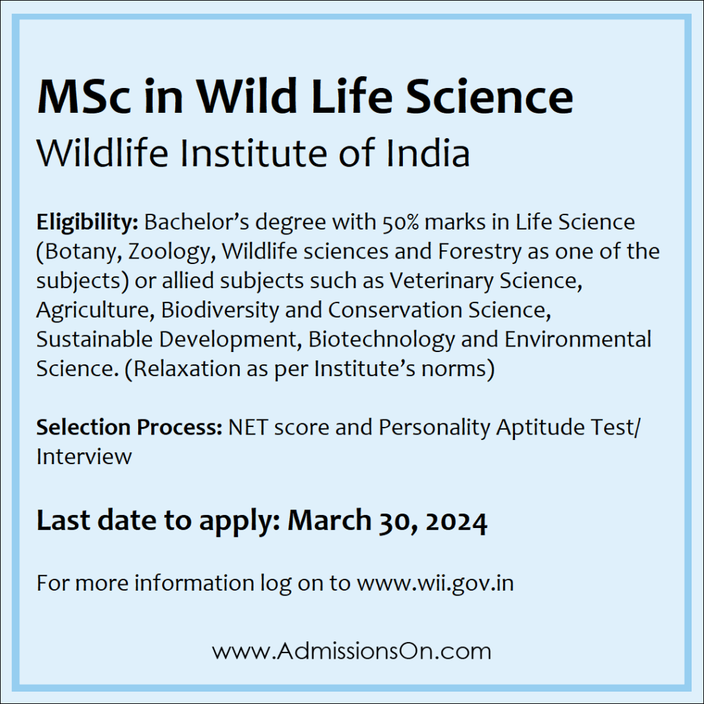 Applications invited for MSc Wild Life Science