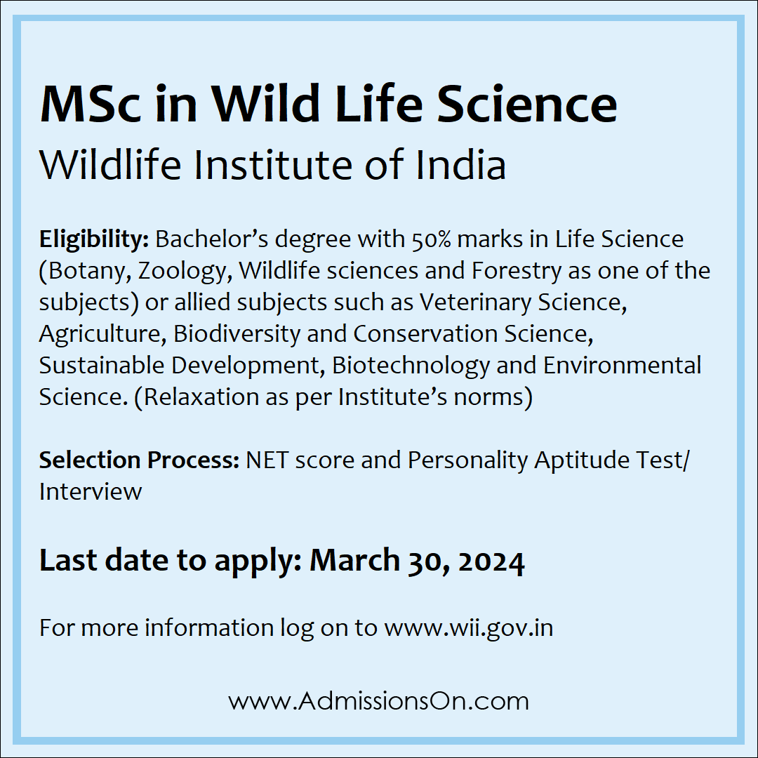 Applications invited for MSc Wild Life Science