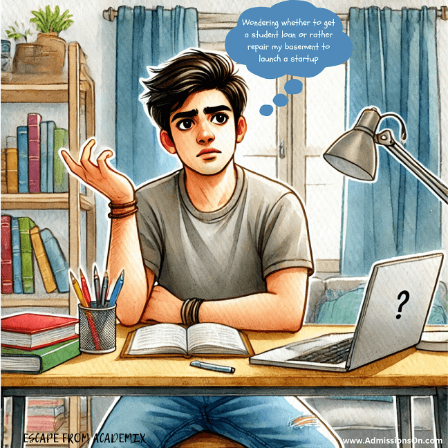 NIFT Entrance Exam 2025 1 Academics Humour - Escape from Academix - A boy sitting and thinking should he take a student loan or repair his basement to launch a startup