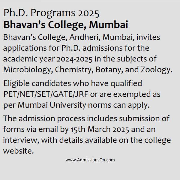 BHAVANS COLLEGE PHD 2025 Admission Alert