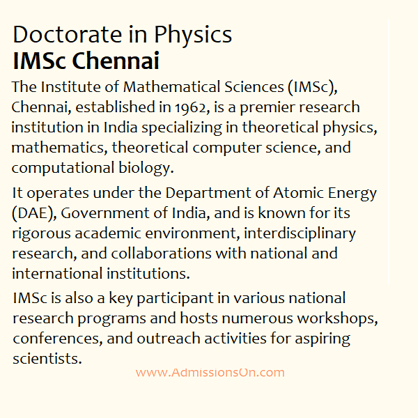 IMSc Chennai PhD in Theoretical Physics Admission Alert