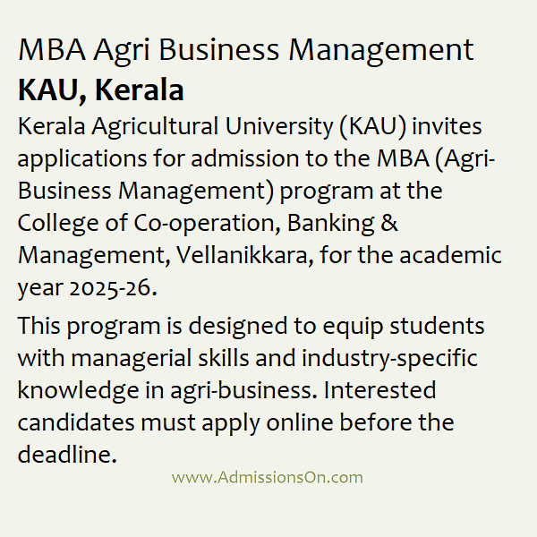 KAU MBA Agri-Business Management 2025-26 Admission Alert