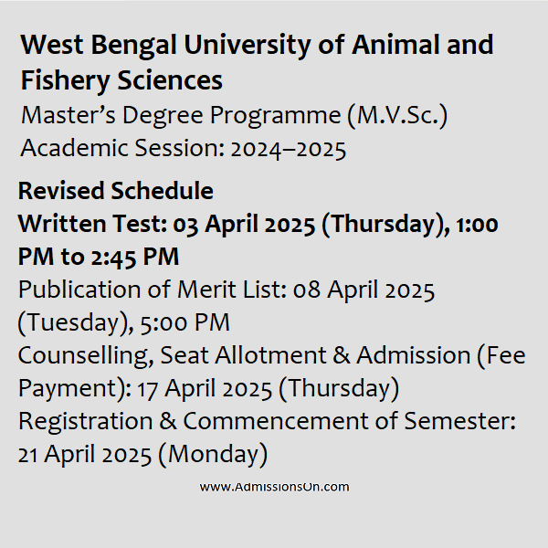 WBUAFS M.V.Sc 2025, Revised Exam Dates